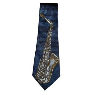 PAUL CERVANTES Saxophone Over Musical Staff Blue TIE Men's Accessories VINTAGE